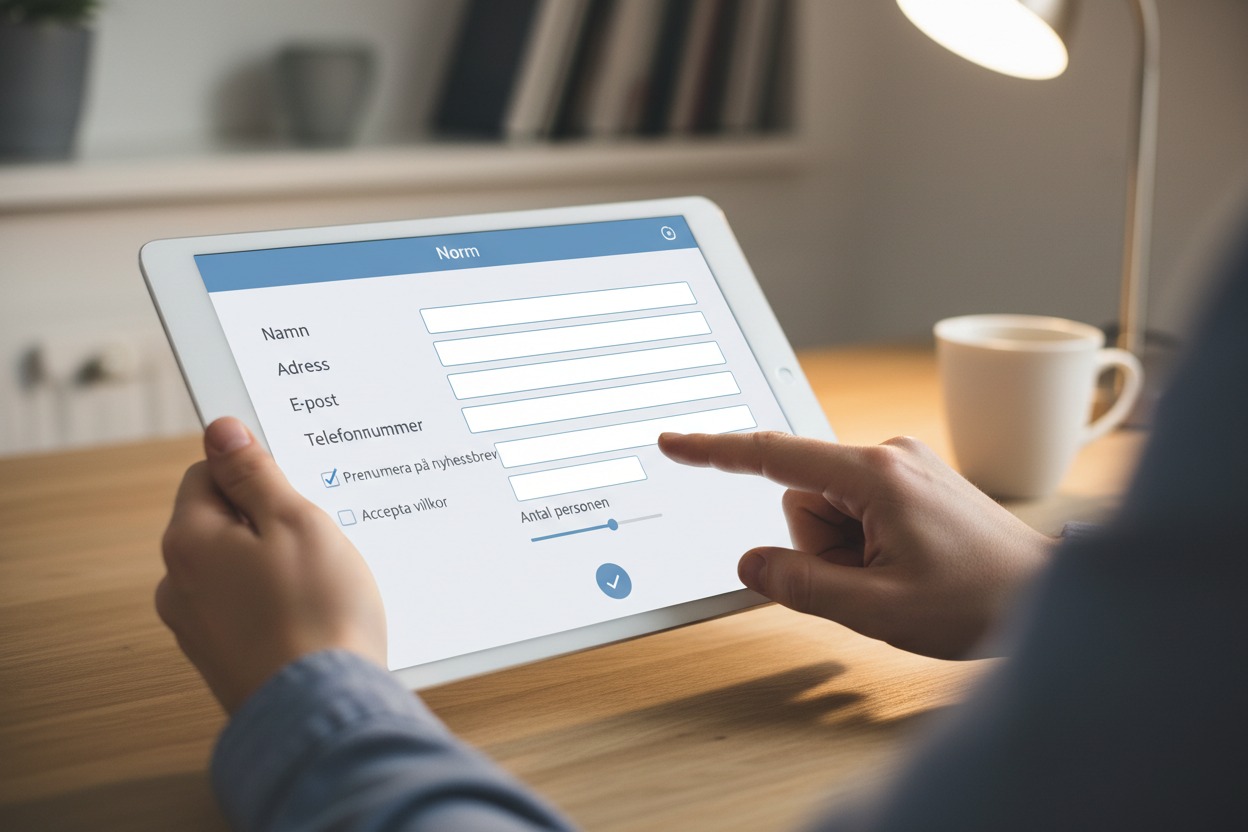 En person fyller i ett digitalt formulär på en surfplatta vid ett skrivbord.